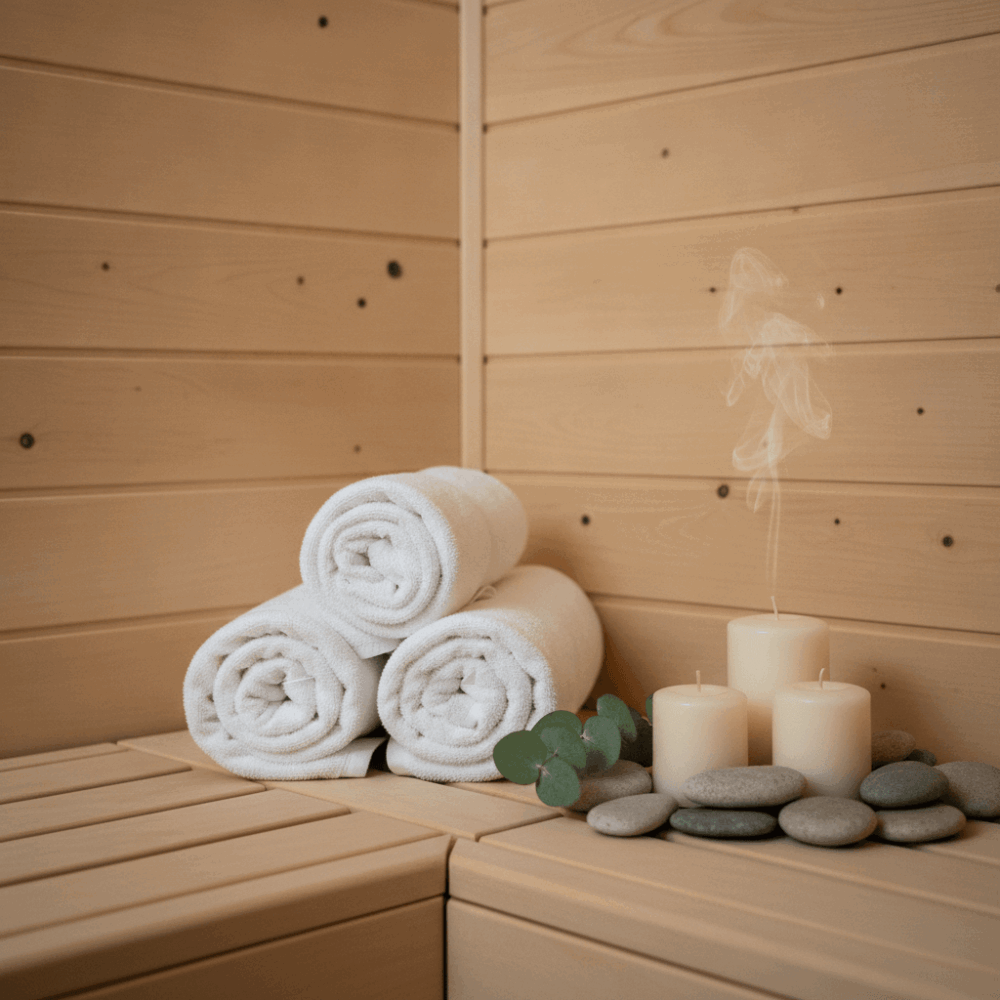 Sauna privatif en bois avec serviettes et bougies dans une chambre romantique d'hôtel belge