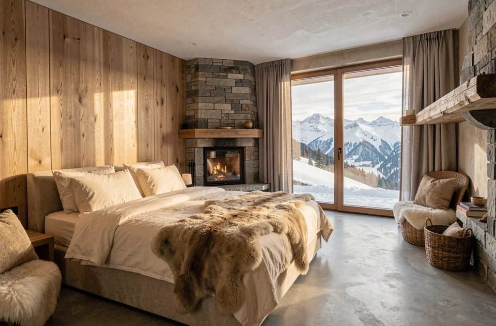 Suite luxueuse de l'hôtel L'Alpaga à Megève avec cheminée en pierre, linge ivoire et vue sur les sommets enneigés
