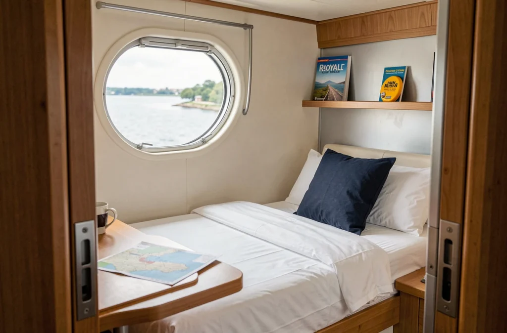 Intérieur d'une cabine de bateau de croisière côtière avec hublot donnant sur l'estuaire de la Gironde près de Royan