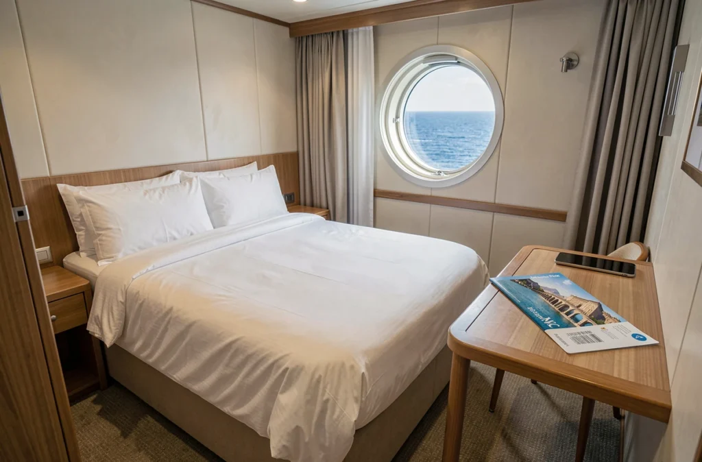 Cabine intérieure d'un paquebot MSC avec hublot sur l'océan et brochure de croisière en déstockage