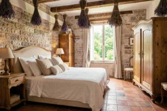 Chambre d'hôtes de charme en Île-de-France avec lit en lin blanc, murs en pierre et poutres apparentes