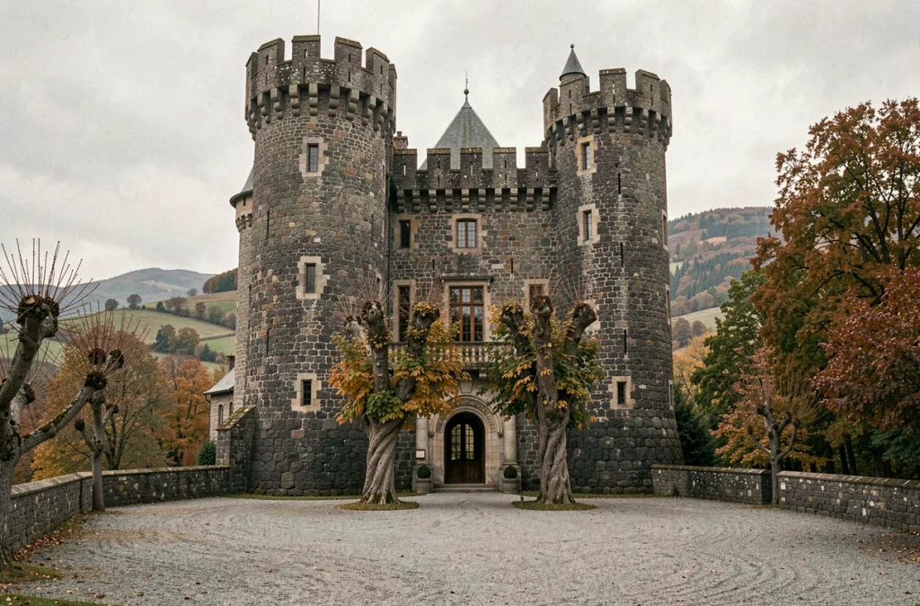 Façade médiévale du Château de Saint-Vidal en Haute-Loire, avec tour en pierre volcanique et remparts crénelés