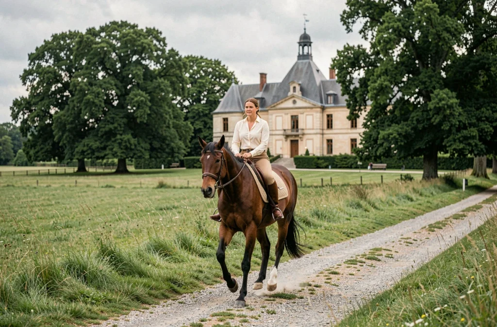 Cavalière en tenue d'équitation devant le Château d'Ygrande dans l'Allier, entouré de prairies verdoyantes