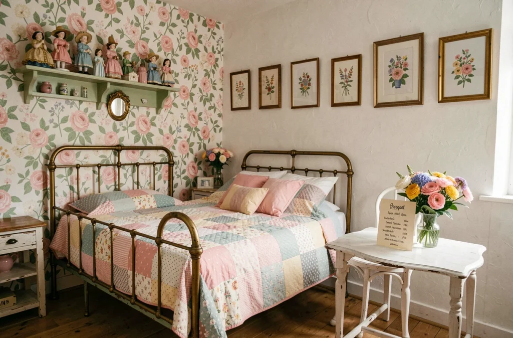 Chez fifi&stella en Seine-et-Marne, chambre d'hôtes colorée avec lit en laiton, papier peint fleuri et objets chinés