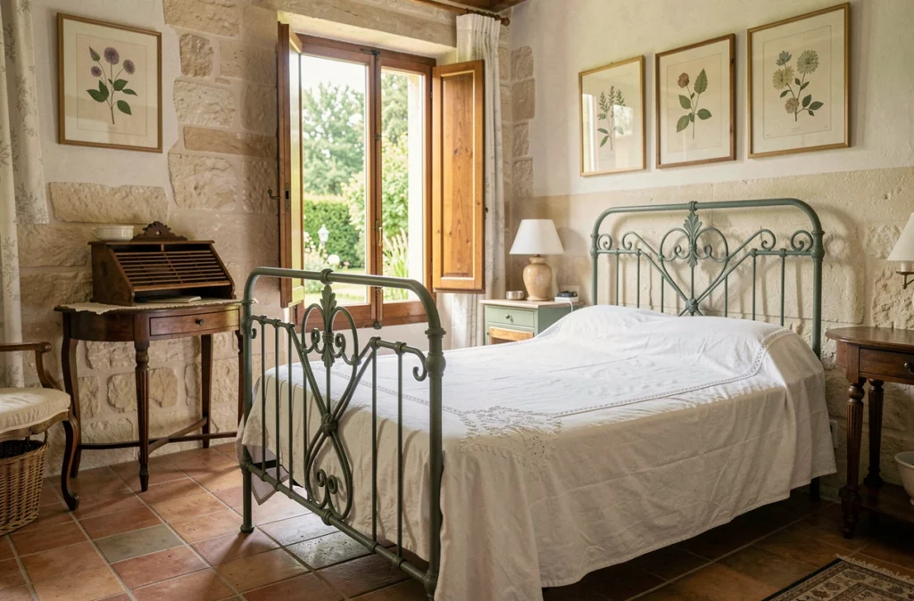 Chambre d'hôtes Le Clos Saint Lubin en Essonne avec lit en fer forgé, carrelage en terre cuite et vue sur jardin
