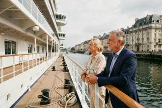Couple sur le pont d'un bateau de croisière amarré au port de Bordeaux avec vue sur les quais historiques