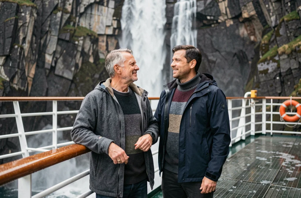 Couple de voyageurs sur le pont d'un bateau de croisière admirant une cascade dans un fjord scandinave