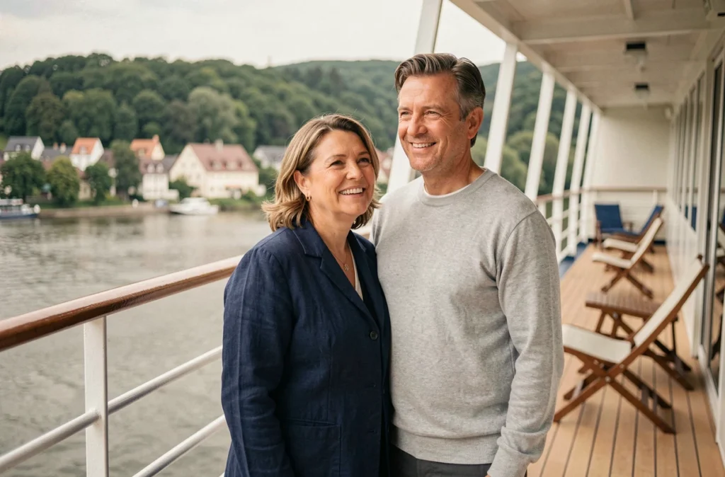 Couple de voyageurs profitant de la vue sur le Rhin depuis le pont panoramique d'un bateau de croisière