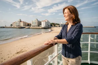 Femme à la proue d'un bateau de croisière approchant le front de mer de Royan avec son architecture art déco