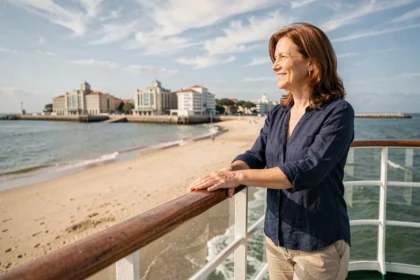 Femme à la proue d'un bateau de croisière approchant le front de mer de Royan avec son architecture art déco