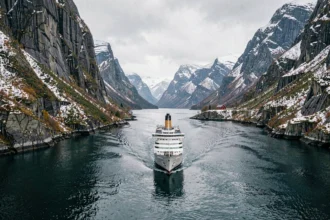 Bateau de croisière naviguant dans un fjord norvégien entouré de falaises rocheuses et de sommets enneigés en automne