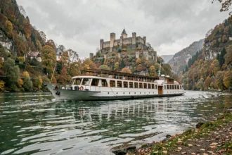 Bateau de croisière naviguant sur le Rhin avec des châteaux médiévaux sur les collines en arrière-plan en automne