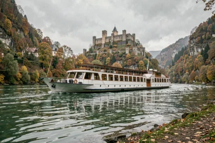 Bateau de croisière naviguant sur le Rhin avec des châteaux médiévaux sur les collines en arrière-plan en automne