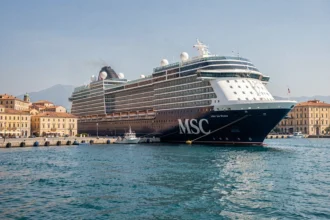 Paquebot MSC en déstockage amarré dans un port méditerranéen avec architecture historique en arrière-plan