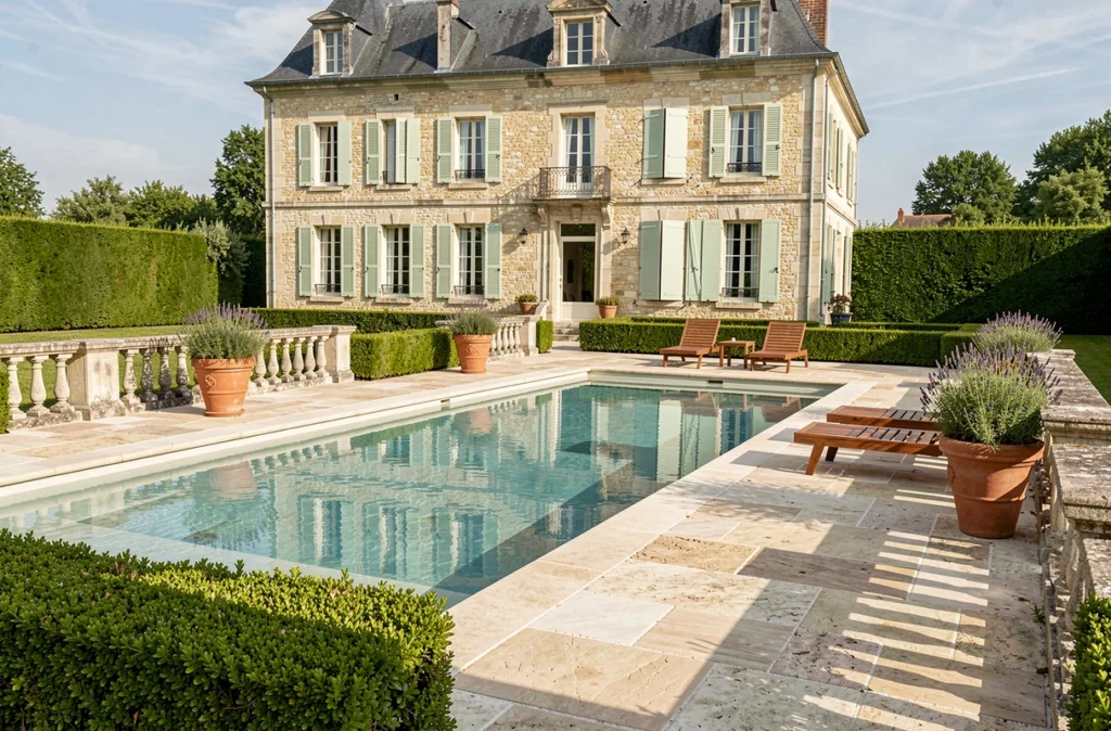 Le Domaine de la Chapelle en Seine-et-Marne, chambre d'hôtes avec piscine à débordement et terrasse en pierre face au manoir