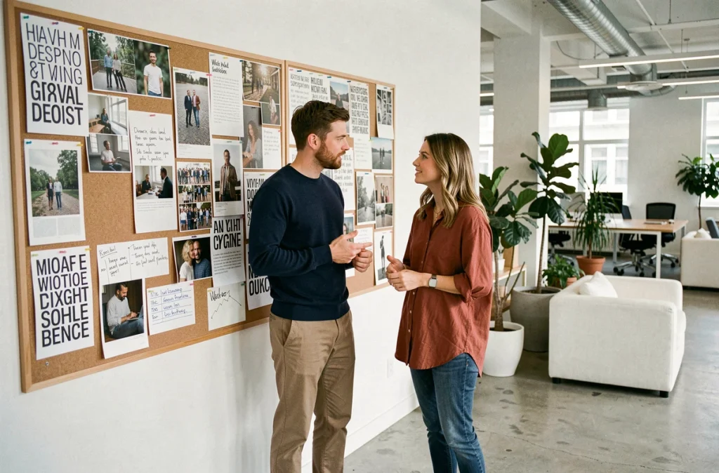 Deux créatifs discutant des concepts éditoriaux du magazine Epershand devant un mur d'inspiration