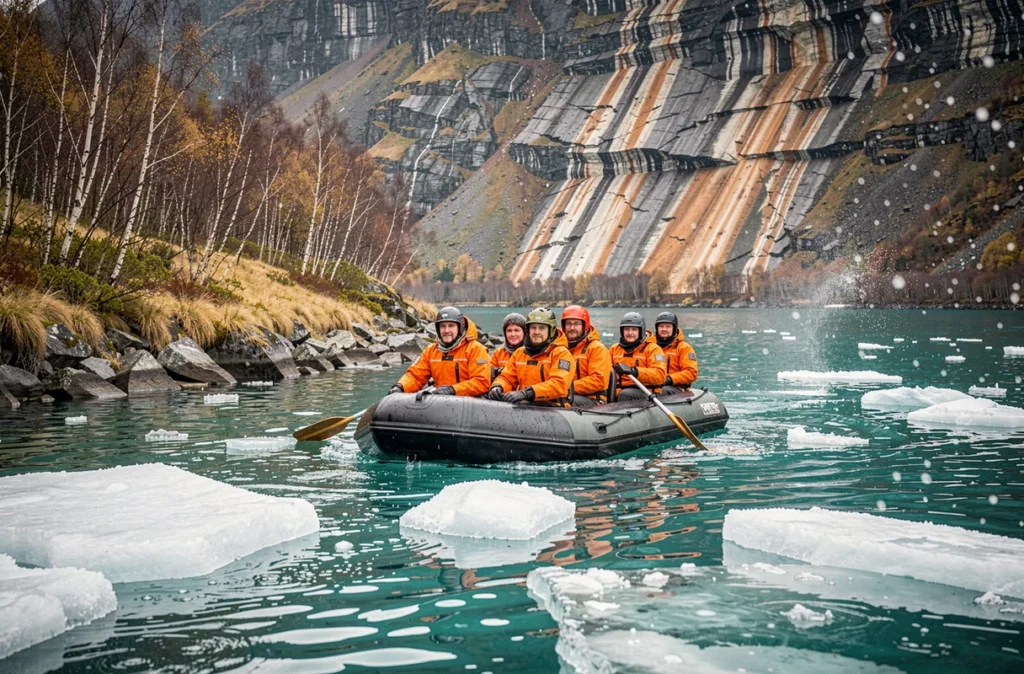 Excursion en zodiac entre les glaces dans un fjord norvégien avec des passagers en combinaisons imperméables orange
