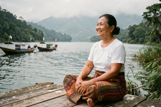 Femme philippine en tenue traditionnelle Maranao assise sur un ponton en bois au bord du lac Lanao à Mindanao