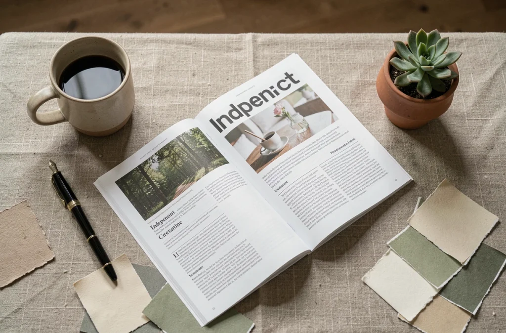 Flat lay d'un numéro du magazine créatif Epershand ouvert sur une table avec accessoires lifestyle