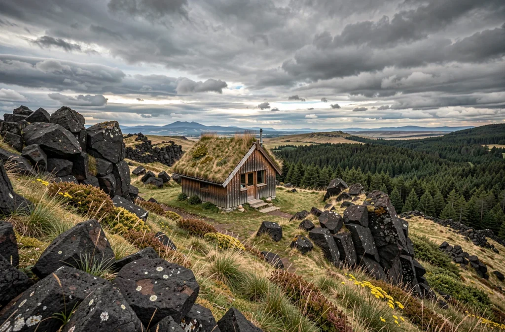 Cabane en bois au toit végétal du Hameau des Volcans près de Brioude, au cœur d'un paysage de basalte auvergnat