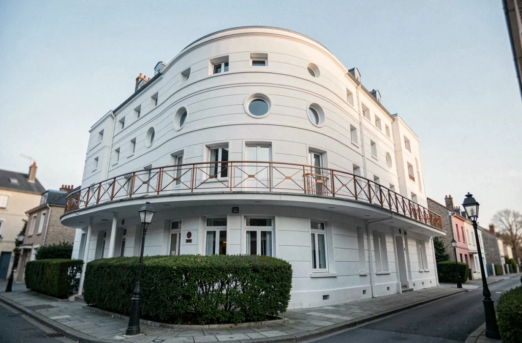 Façade Art Déco courbe de l'hôtel Le Radio à Chamalières avec fenêtres hublots et balustrades géométriques