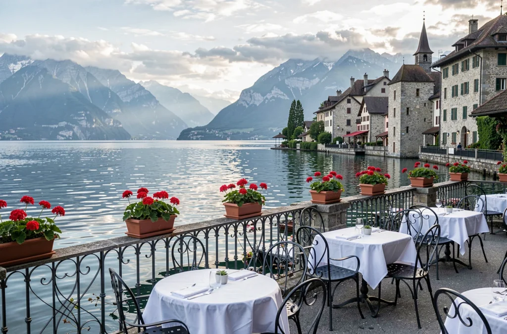 Terrasse de l'hôtel du Port à Yvoire avec tables au bord du lac Léman et vue sur les montagnes du Jura
