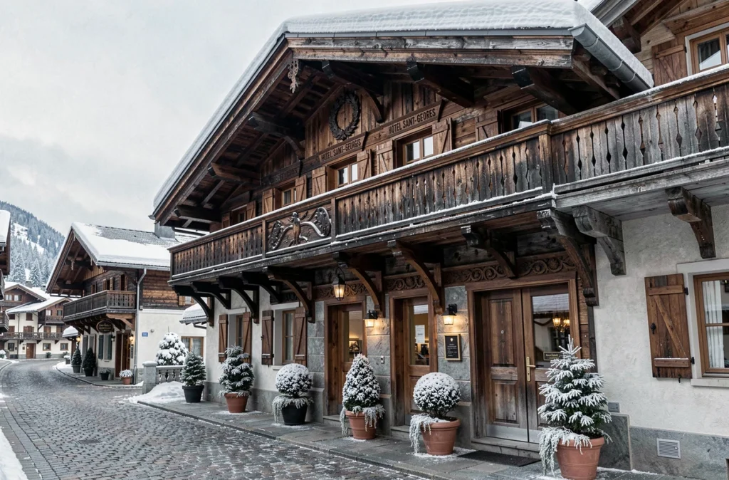 Façade de l'Hôtel Saint-Georges à Megève avec balcons en bois sculpté et ambiance chalet savoyard enneigé