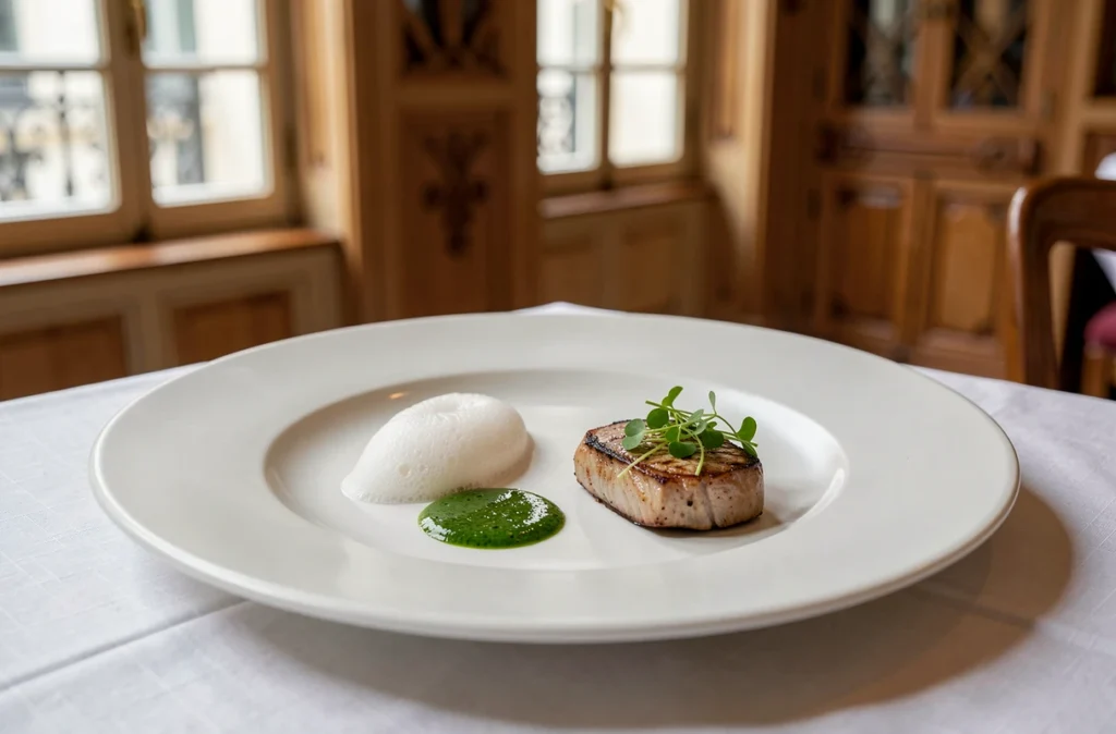 Assiette gastronomique de la Maison Décoret à Vichy, dressée avec précision sur nappe blanche dans une salle Art Nouveau