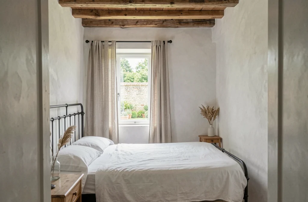 Chambre épurée de la Maison Magda dans la Loire avec poutres en chêne, linge blanc et fenêtre sur jardin clos