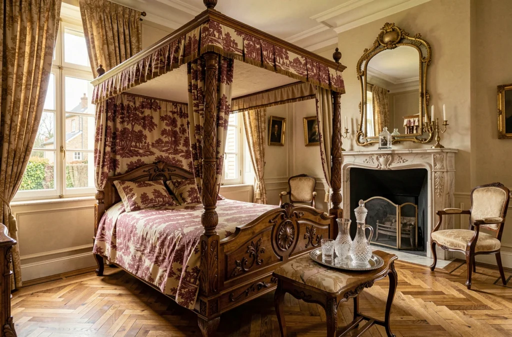 Le Manoir du Cerf dans le Val-d'Oise, chambre d'hôtes avec lit à baldaquin en bois sculpté et cheminée ancienne