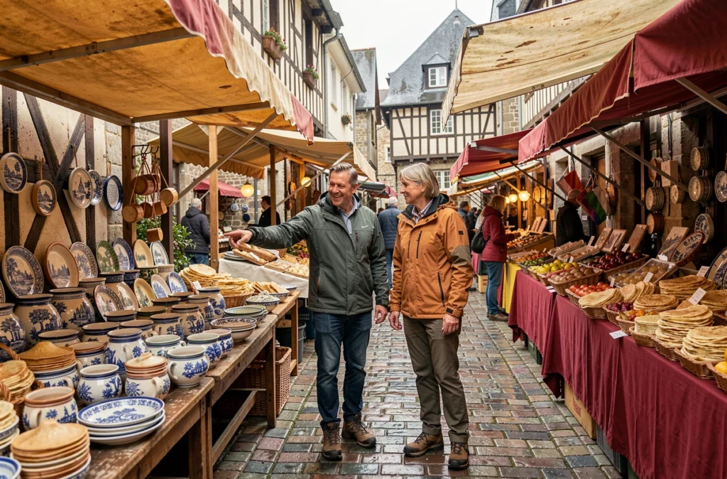 Couple découvrant la faïence de Quimper sur un marché du centre historique, architecture à colombages bretonne en arrière-plan