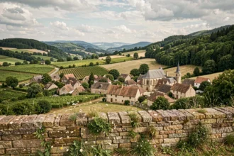 Vue panoramique sur les villages médiévaux et les vignobles de Bourgogne-Franche-Comté sous un ciel nuageux