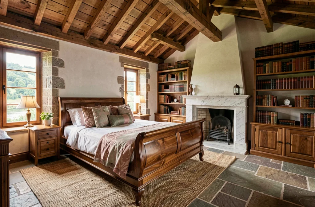 Le Moulin de la Tuilerie en vallée de Chevreuse, chambre d'hôtes en pierre avec lit en noyer et vue sur rivière boisée