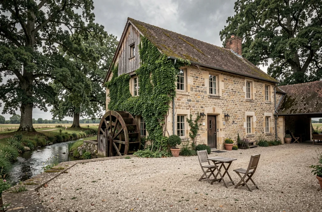 Moulin de Vilgris dans les Yvelines, façade en pierre avec roue de moulin et ruisseau en campagne française