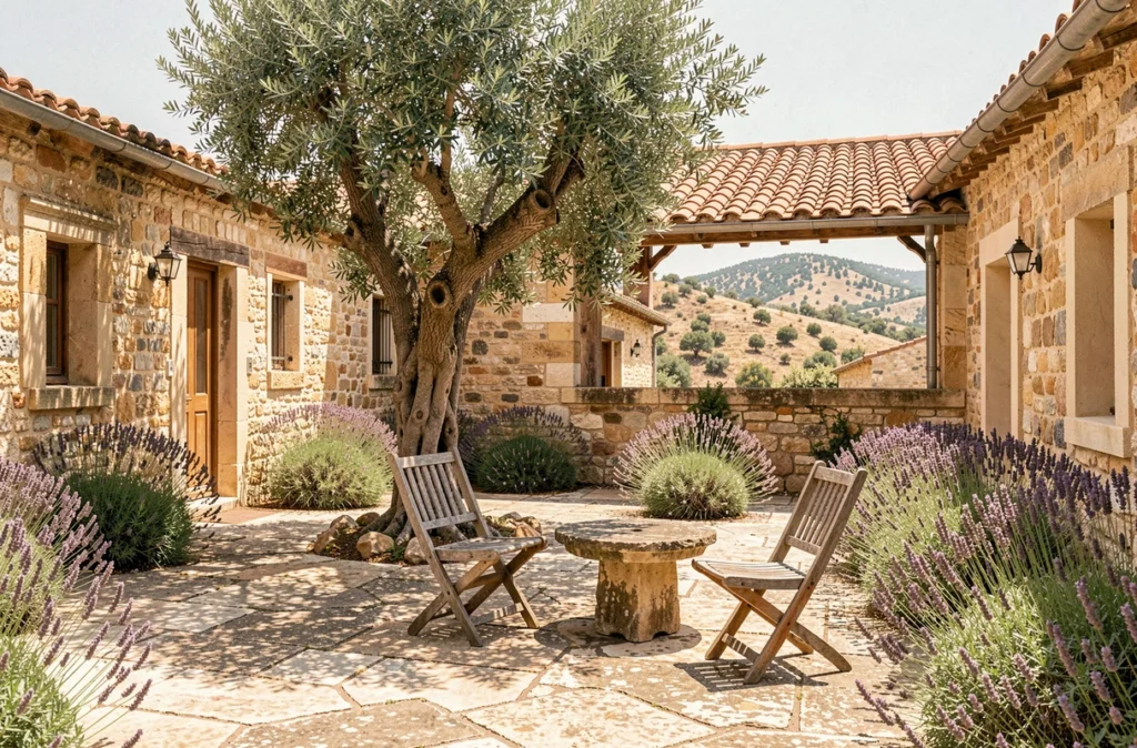 Cour en pierre ensoleillée de la maison de campagne Pantoufle en Drôme provençale avec olivier et lavande