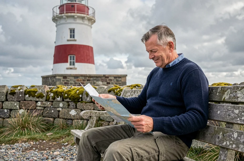 Homme consultant une carte papier devant un phare breton près d'Ouessant, paysage côtier du Finistère sous un ciel nuageux