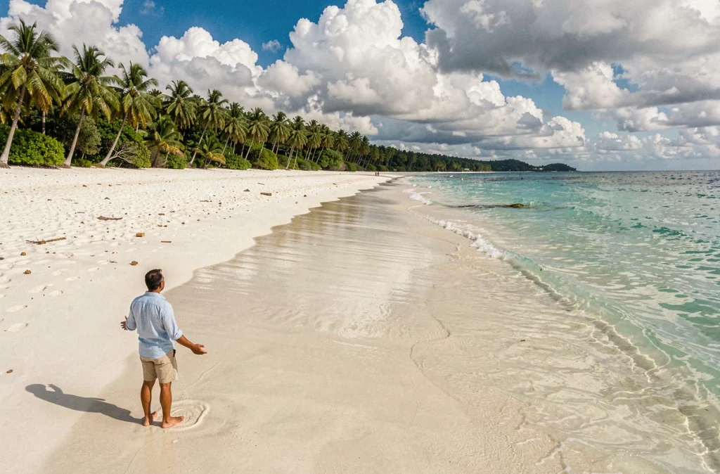 Voyageur solitaire sur la plage immaculée de Dahican à Mindanao aux Philippines avec vue sur la mer turquoise