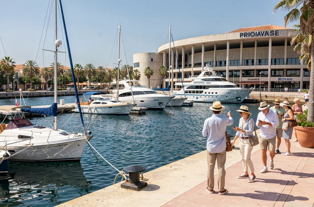 Port de plaisance de Royan avec bateaux de croisière amarrés et touristes se promenant sur les quais