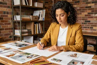 Rédactrice créative annotant des maquettes du magazine Epershand dans un studio éditorial indépendant