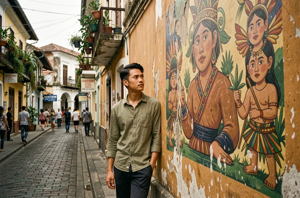 Jeune homme philippin devant une fresque murale aux motifs Lumad dans une rue historique de Cagayan de Oro à Mindanao
