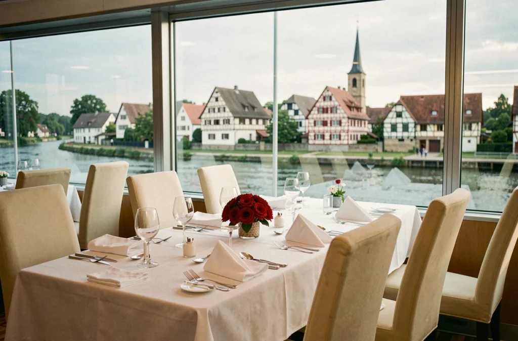 Salle à manger élégante d'un bateau de croisière sur le Rhin avec vue sur un village allemand à colombages