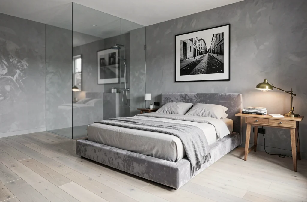 The Grey Studio en Essonne, chambre d'hôtes design aux murs en stuc gris, sol en chêne blanchi et douche en verre fumé