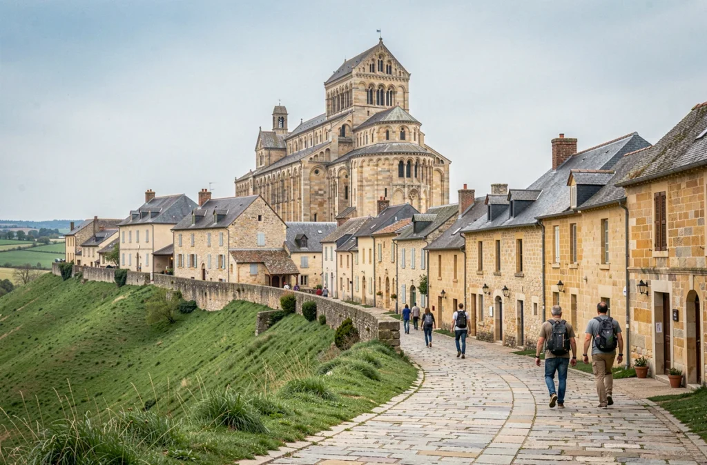 La basilique romane de Vézelay dominant le village de pèlerinage sur sa colline en Bourgogne