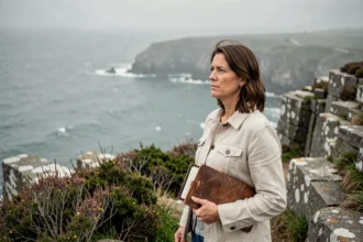 Femme contemplant l'horizon depuis la Pointe du Raz dans le Finistère, falaises de granit et océan Atlantique en arrière-plan
