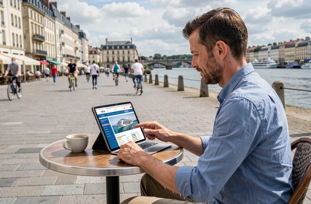 Homme comparant des offres de croisière sur une tablette en terrasse au bord de la Garonne à Bordeaux