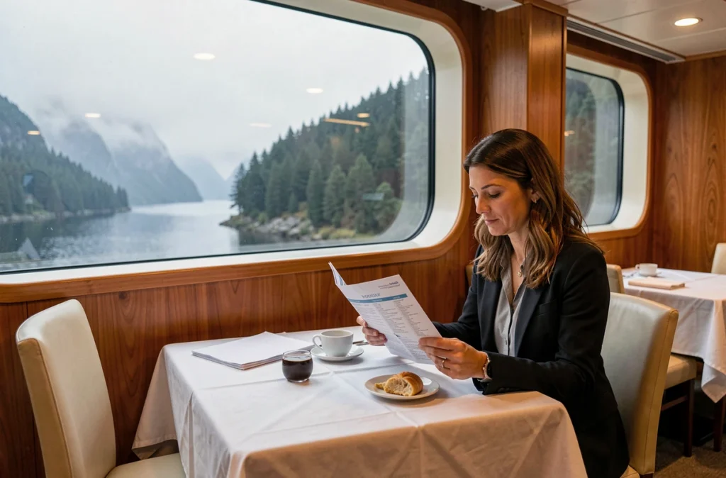 Voyageuse consultant un itinéraire de croisière dans la salle à manger d'un bateau avec vue sur un fjord brumeux