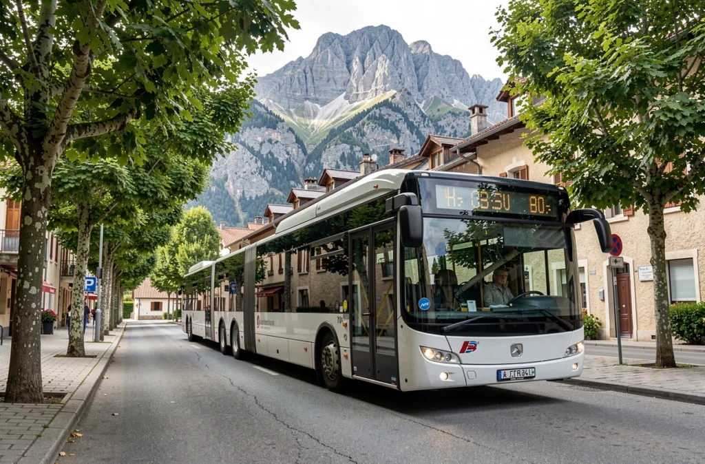 Bus urbain circulant à Gap avec les montagnes en arrière-plan