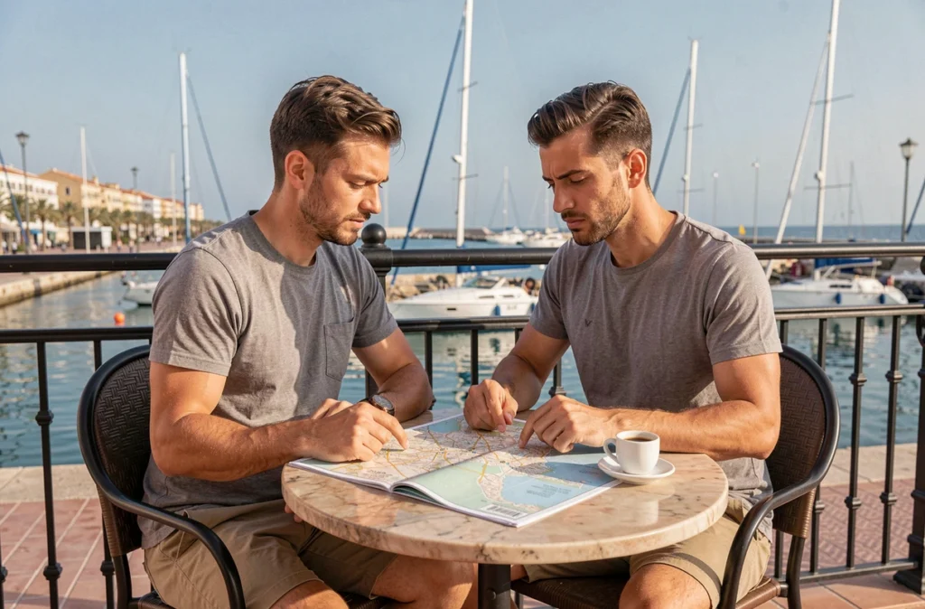 Touriste étudiant une carte de Malaga en terrasse de café face au port de la ville